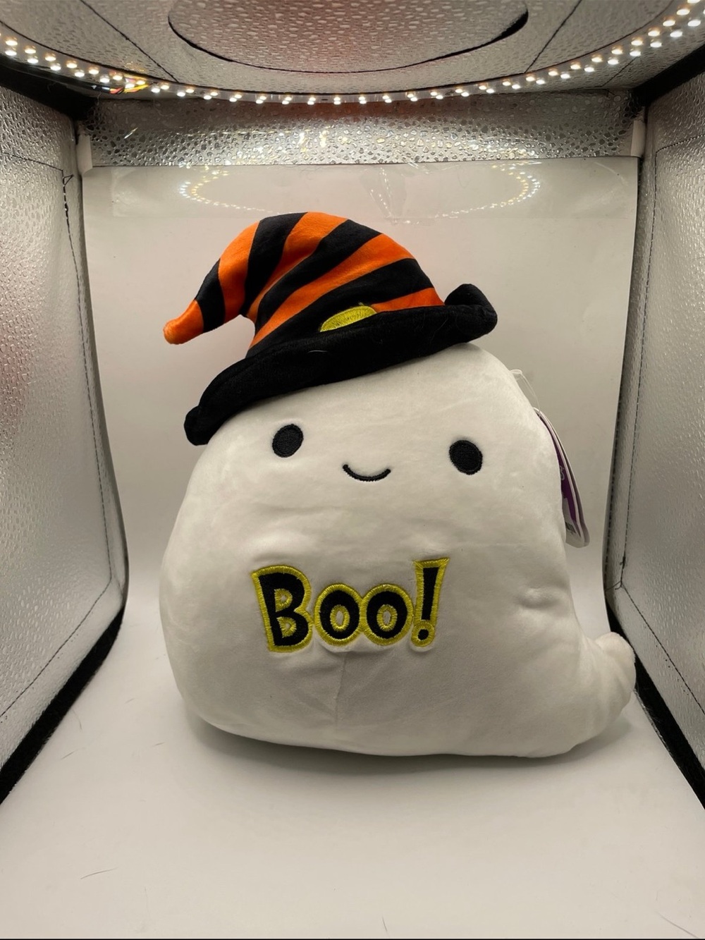 Squishmallows White Ghost Plush with Orange & Black Witch Hat